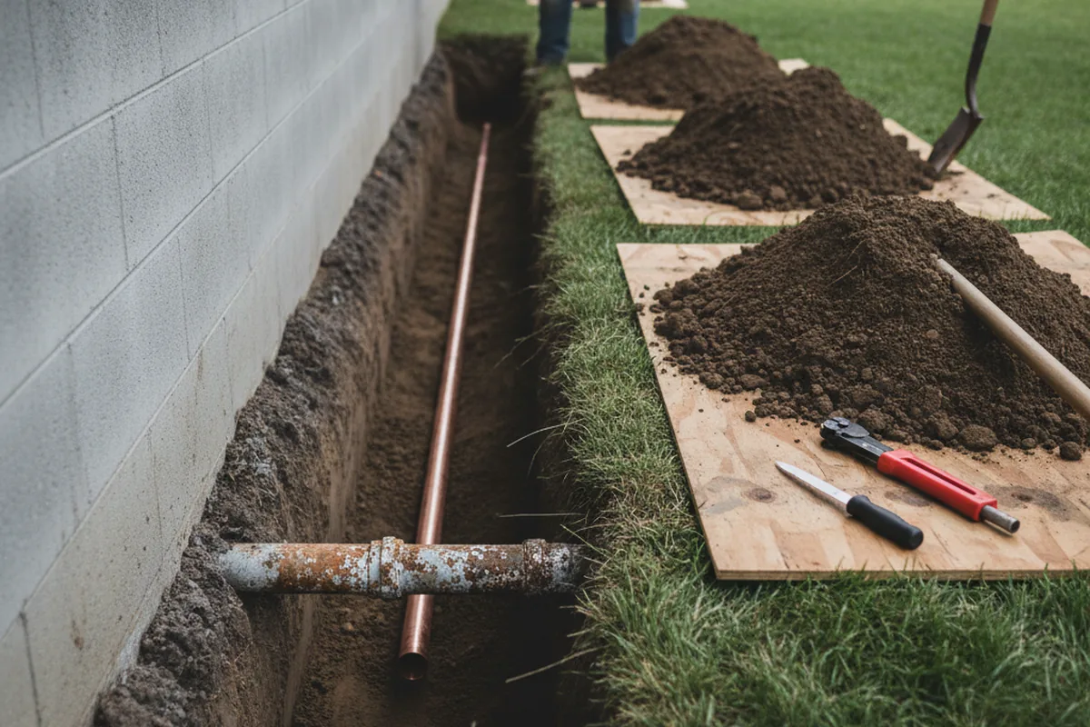 Excavated water line trench during Water Softener Installation in Benton